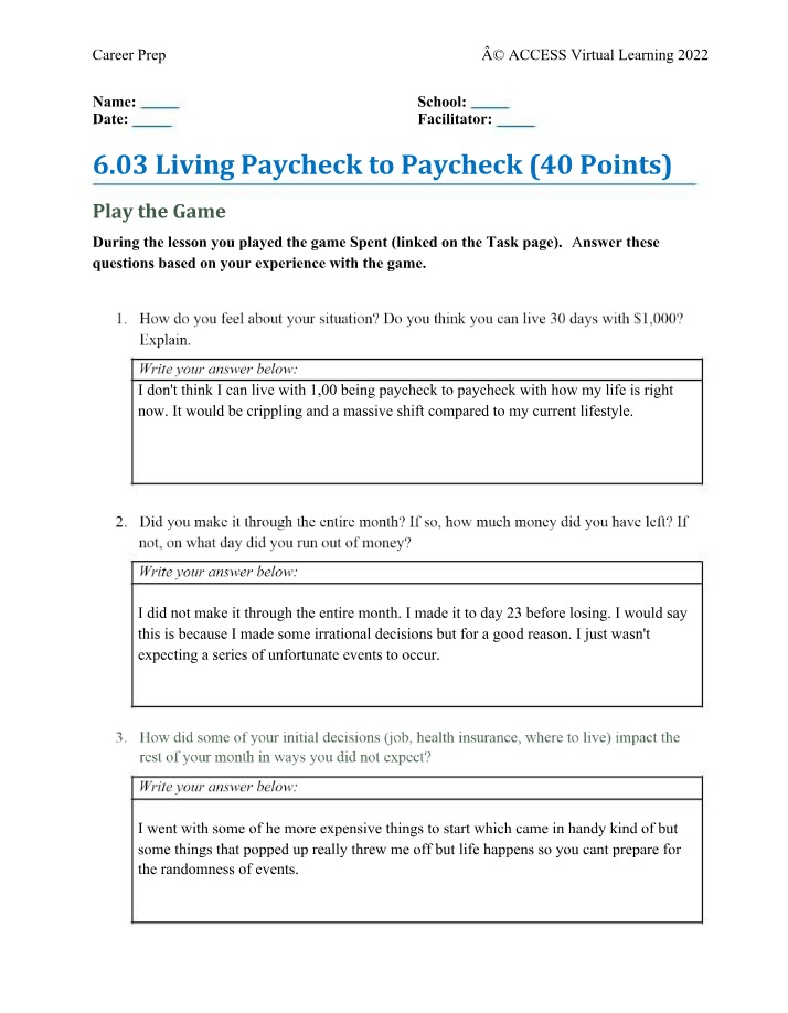 Living Paycheck to Paycheck - Lessons from the Spent Game