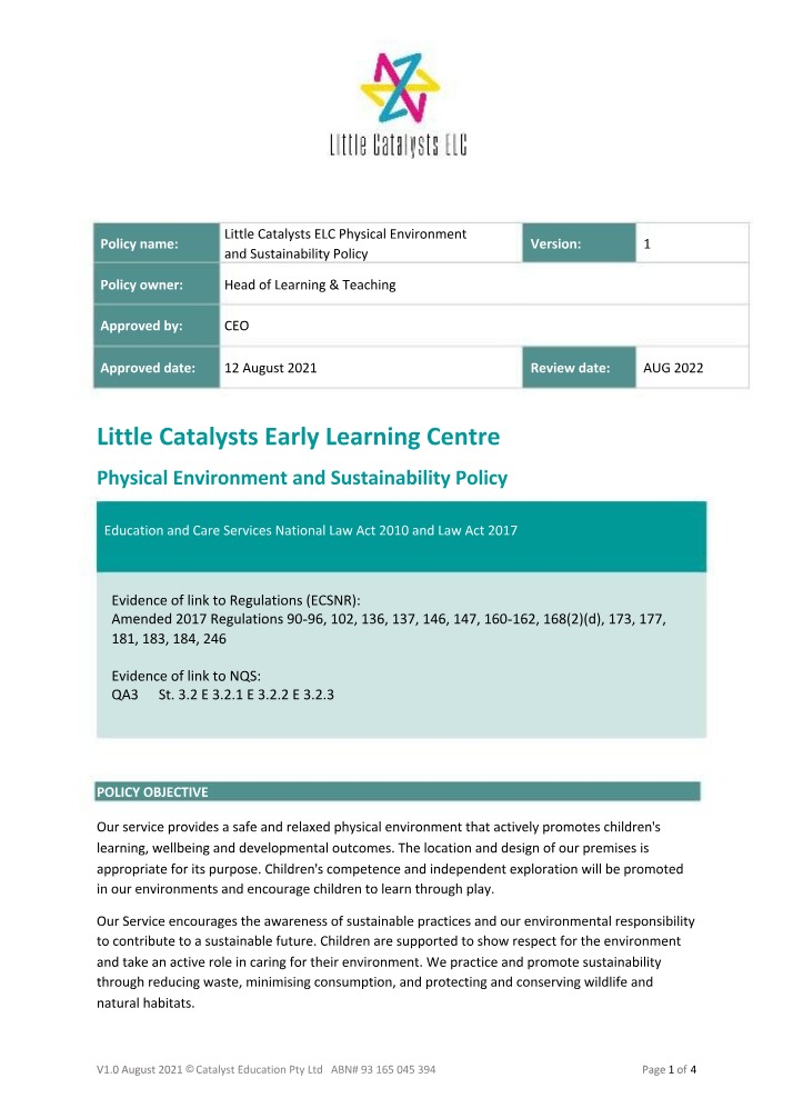Physical Environment and Sustainability Policy - Little Catalysts ELC