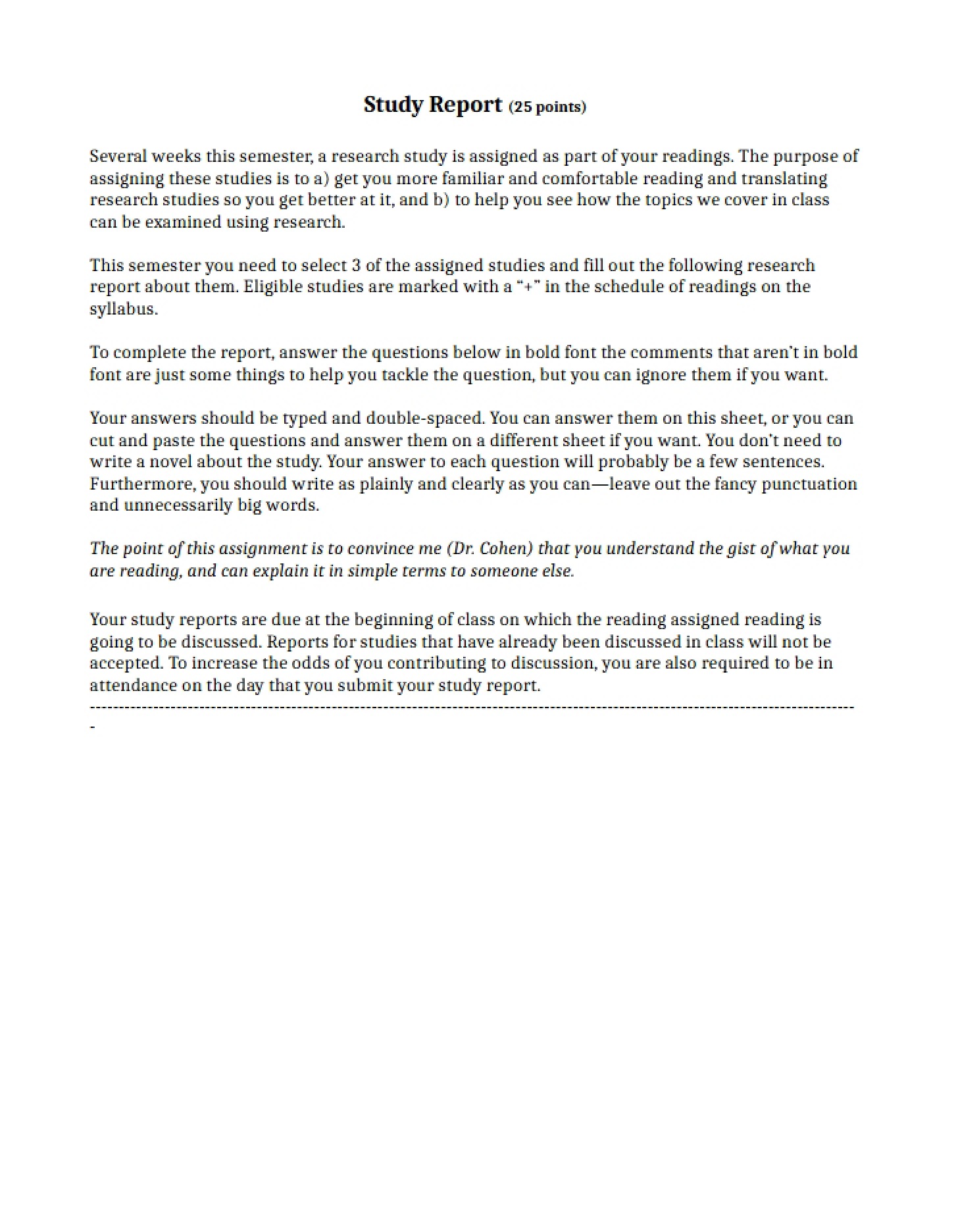 Sheet for Study Report