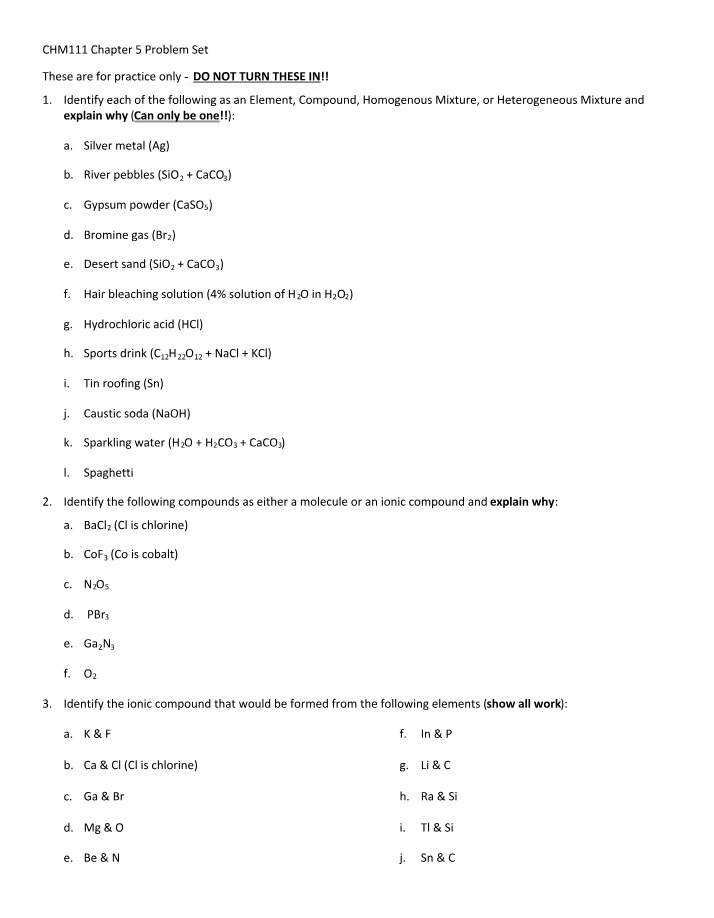 Chemistry Chapter 5 - Elements, Compounds, and Mixtures Problem Set