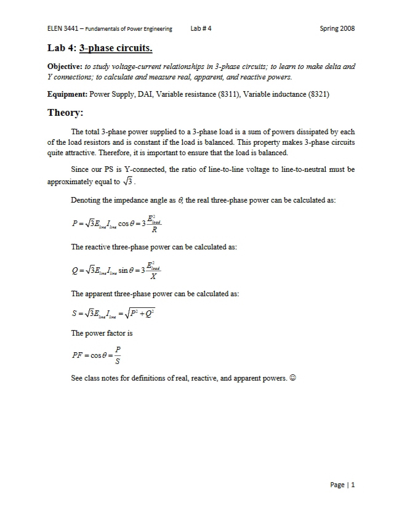 Introduction to 3-Phase Circuits Laboratory 4