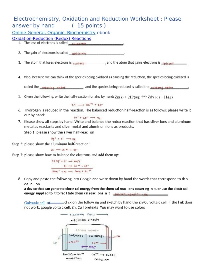 Worksheet on Electrochemistry, Oxidation and Reduction
