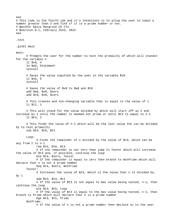 CS 274 Lab 4 - Prime Numbers Input and Test