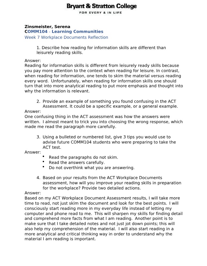 Reflection on Workplace Documents - Week 7
