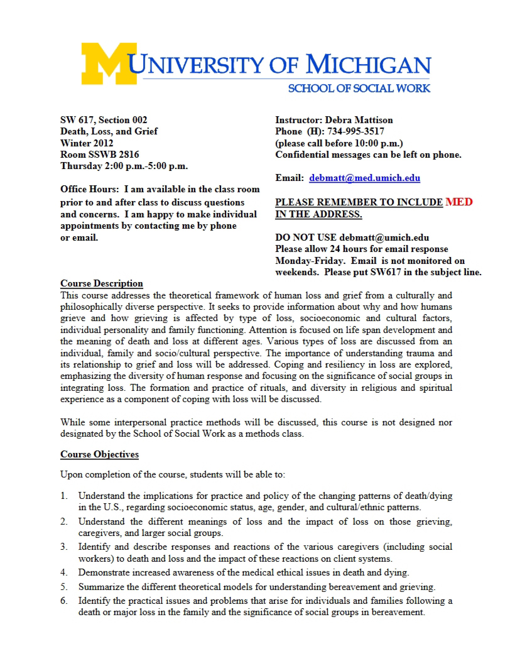 Death and Loss Course Outline