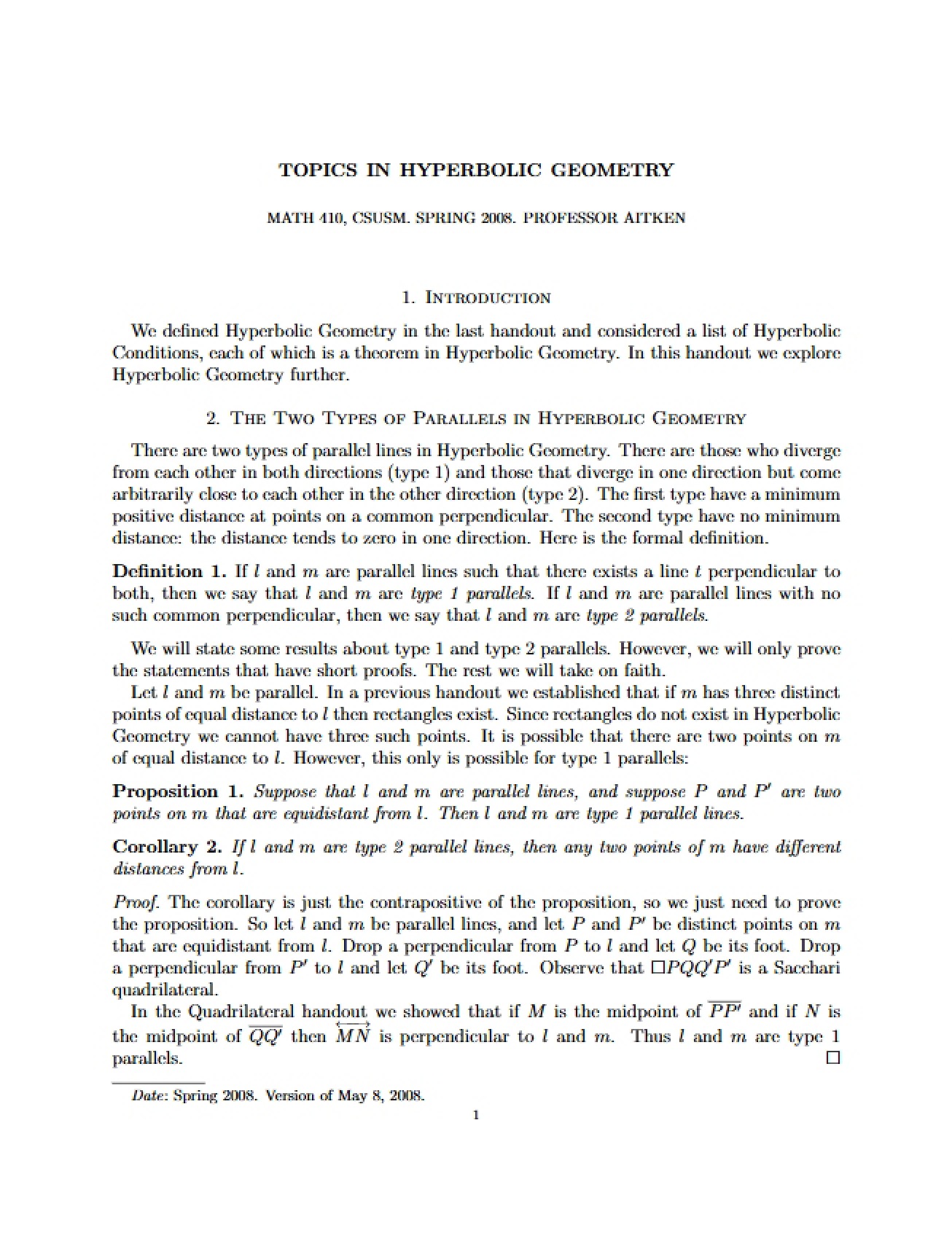 Hyperbolic Geometry Topics