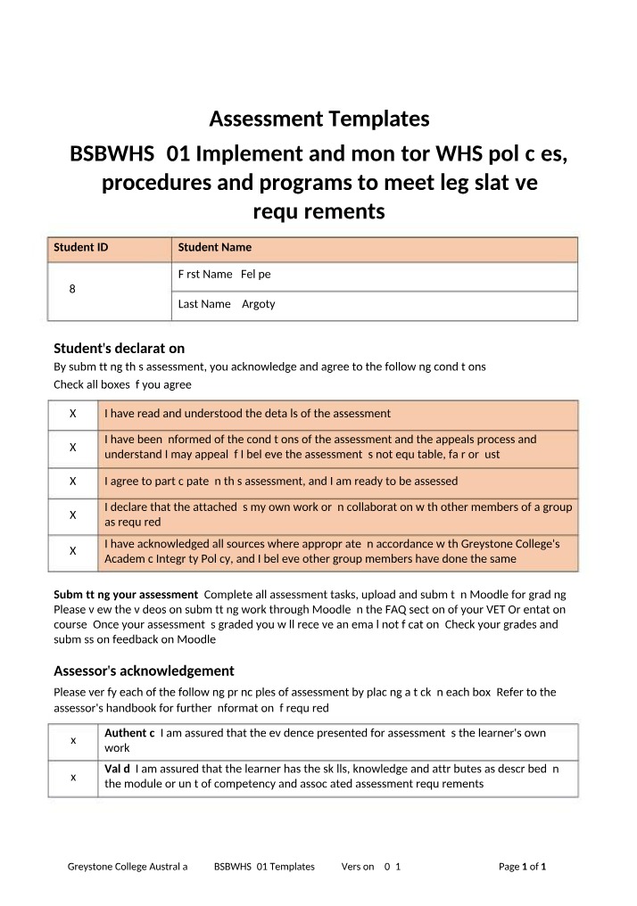 Implement and Monitor WHS Policies - Assessment Tasks and Templates