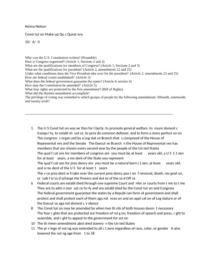 Make-up Quiz Questions on the Constitution