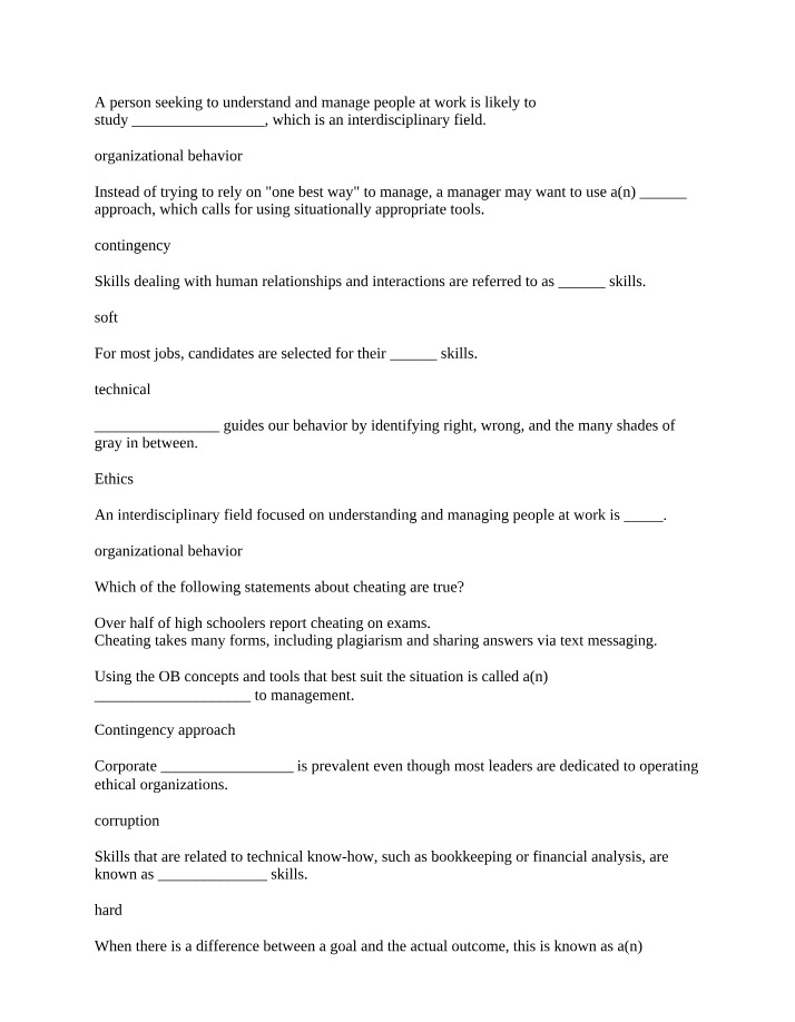 Quizzes for Organizational Behavior