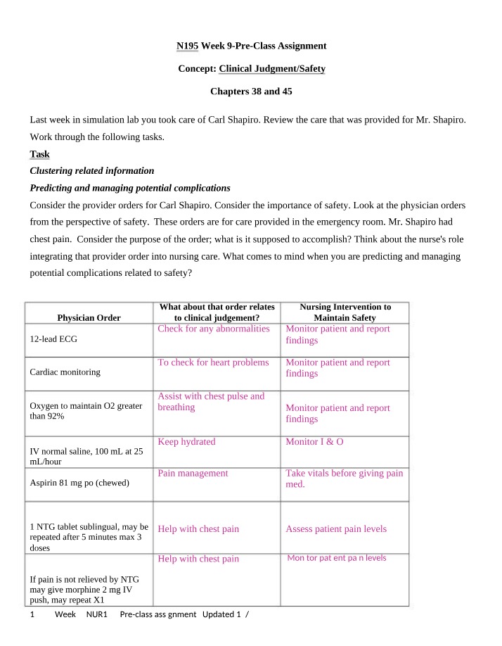 Week 9 Pre-Class Assignment - Clinical Judgment and Safety