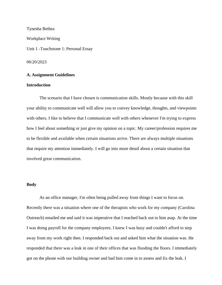 Personal Essay - Improving Workplace Communication Skills
