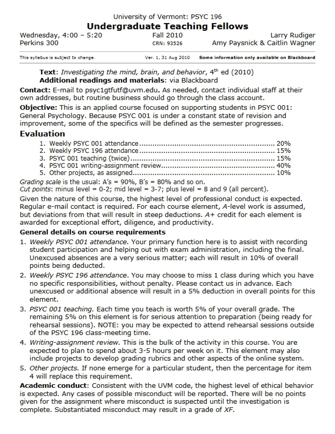Undergraduate Teaching Fellow Syllabus