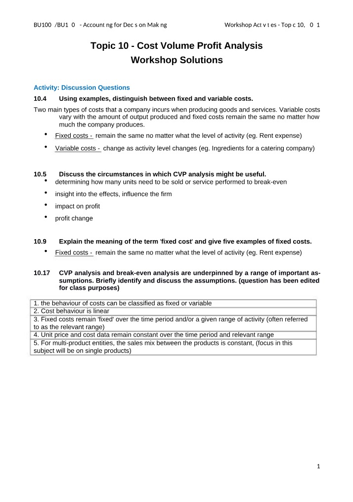 Workshop Solutions for Cost-Volume-Profit Analysis