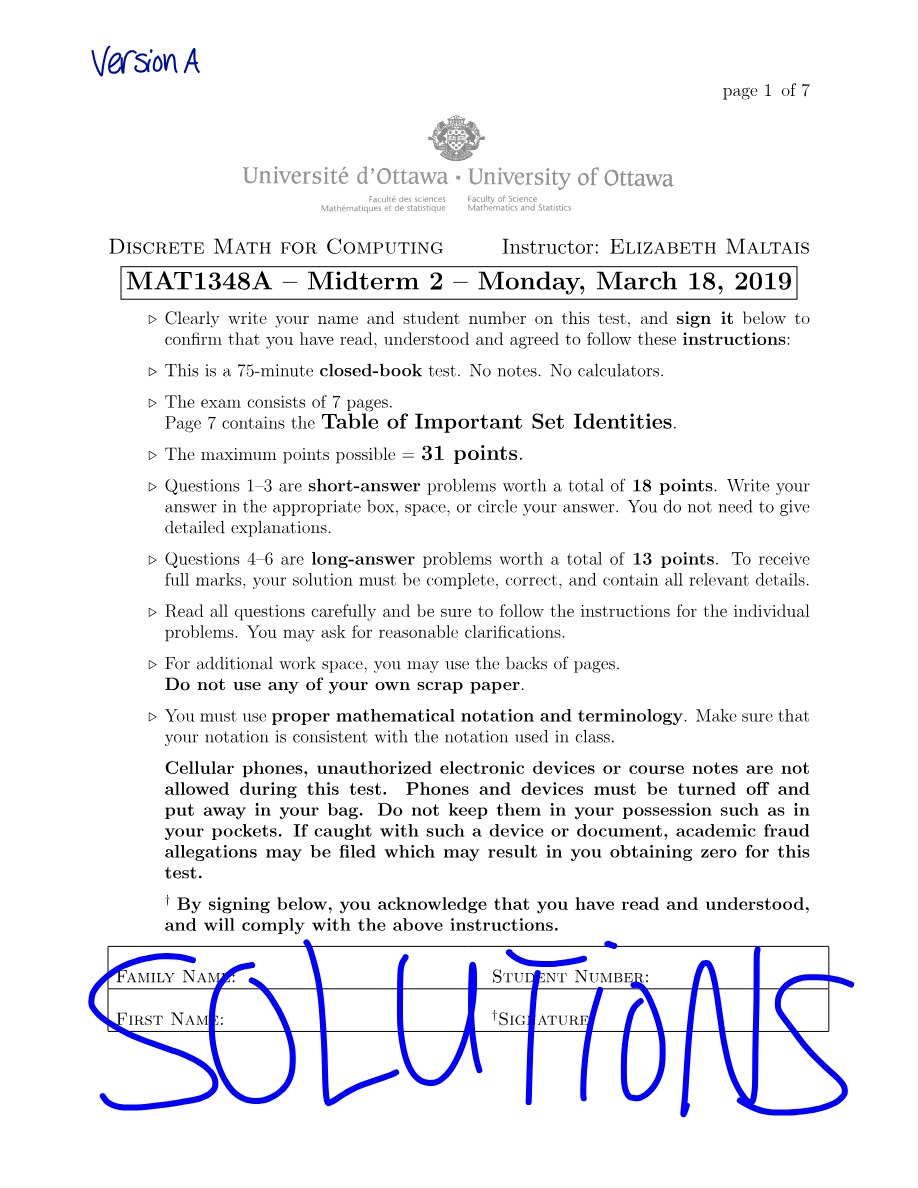 Midterm 2 Solutions - MAT1348A