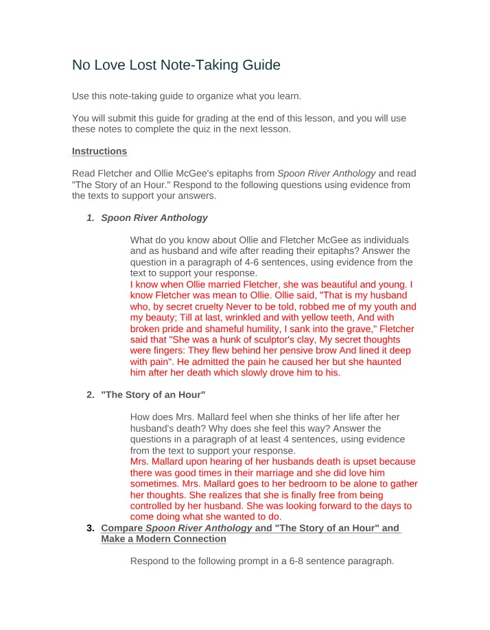 Note-Taking Guide - Spoon River Anthology and The Story of an Hour