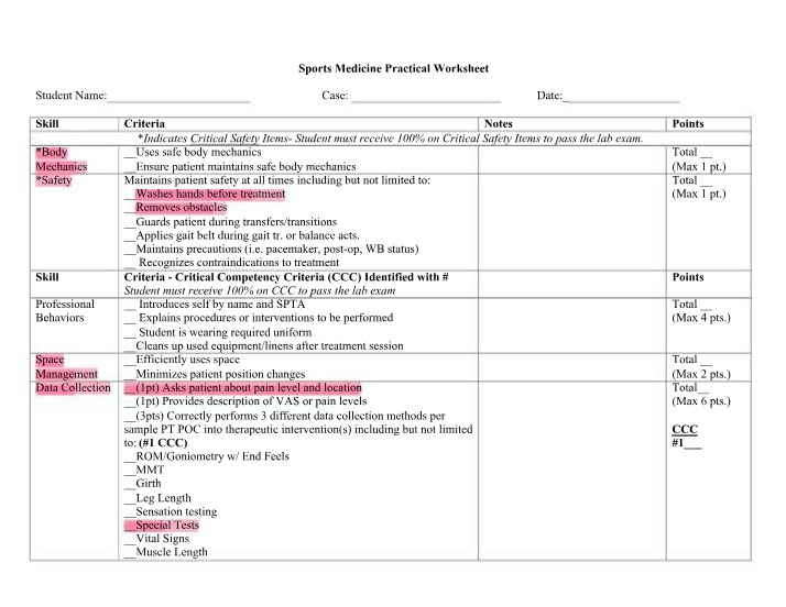 Worksheet for Sports Medicine Practical