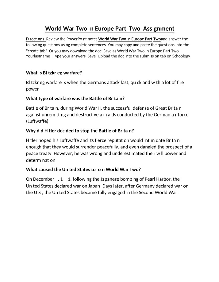 Assignment - World War Two in Europe, Part Two