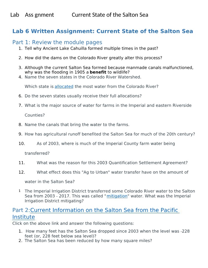 Lab Assignment - Current State of the Salton Sea