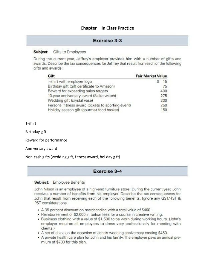 In Class Practice Exercises - Chapter 3