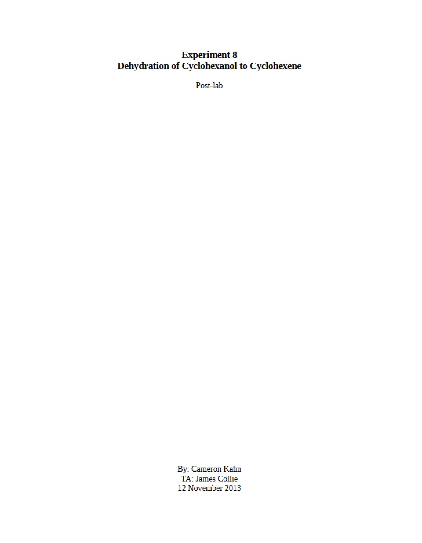 Post-Lab Cyclohexanol Dehydration to Cyclohexene