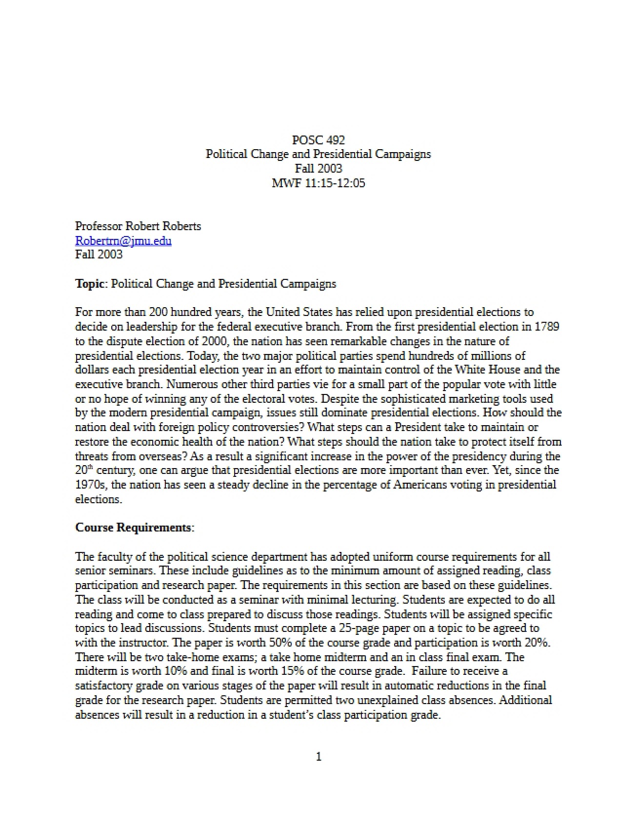 Syllabus for a Senior Seminar in Political Science