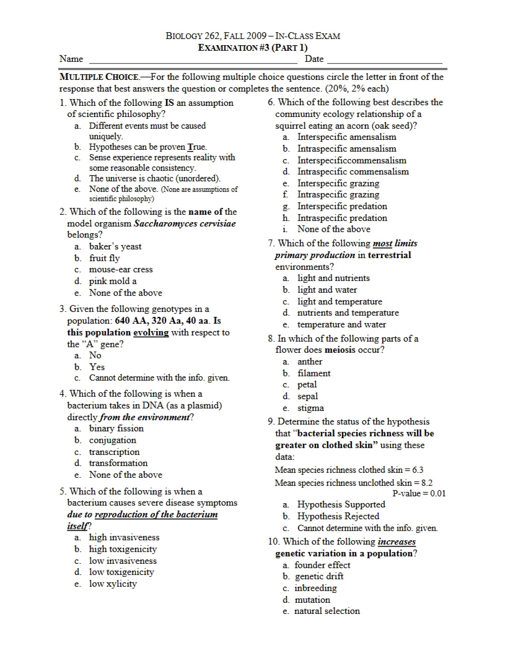 Examination for Principles of Biology (25)