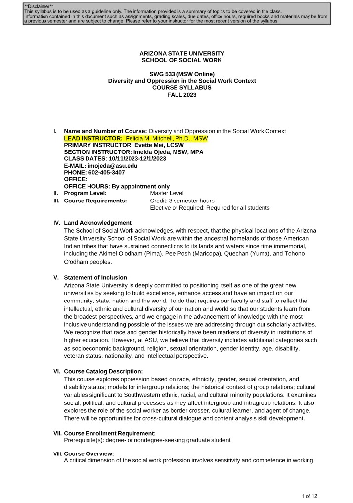 Syllabus for SWG533 - Diversity and Oppression in the Social Work Context
