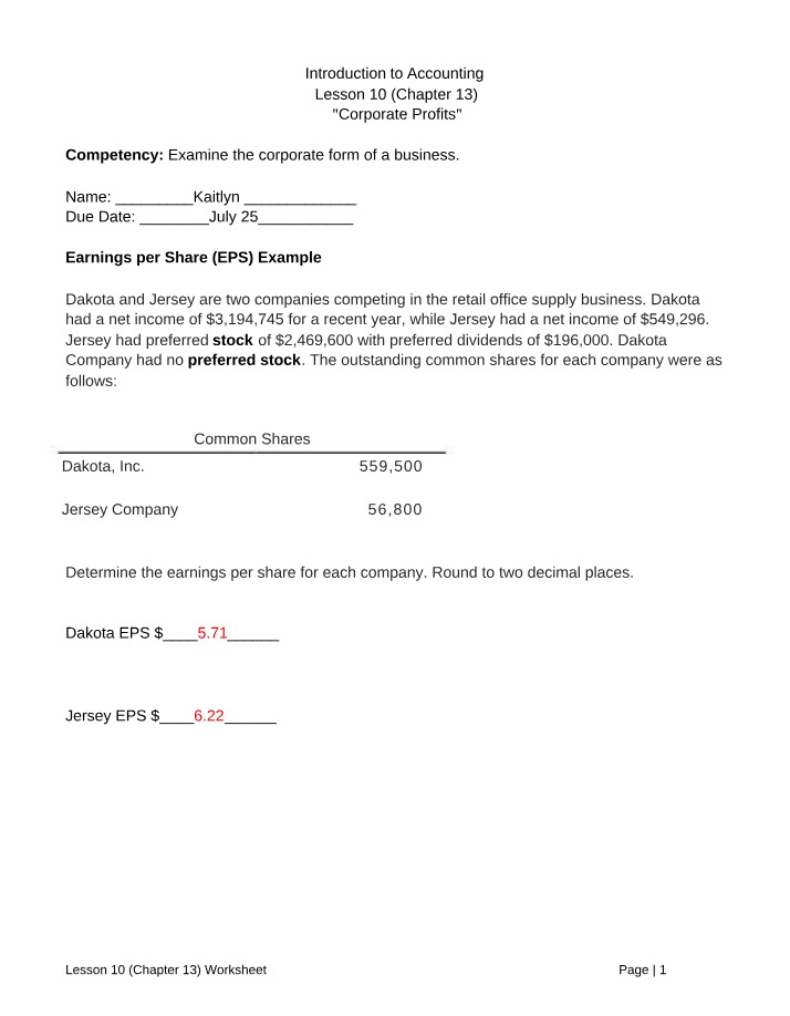 Accounting Lesson 10 (Chapter 13) Worksheet