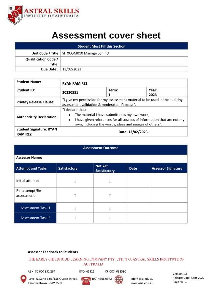 SITXCOM010 Manage Conflict Assessment Cover Sheet Initial