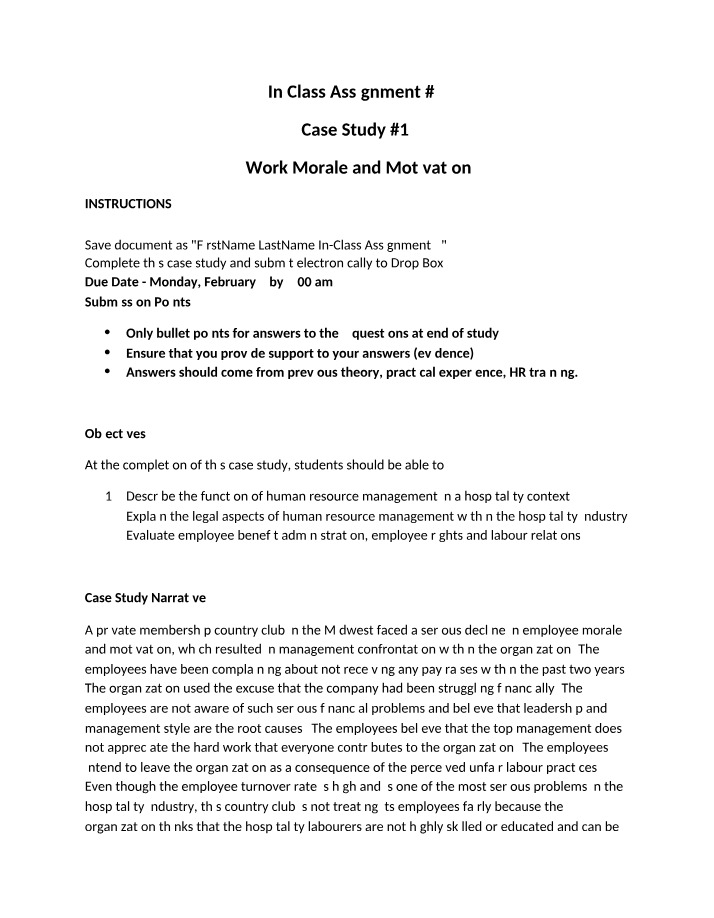 Case Study - Work Morale and Motivation