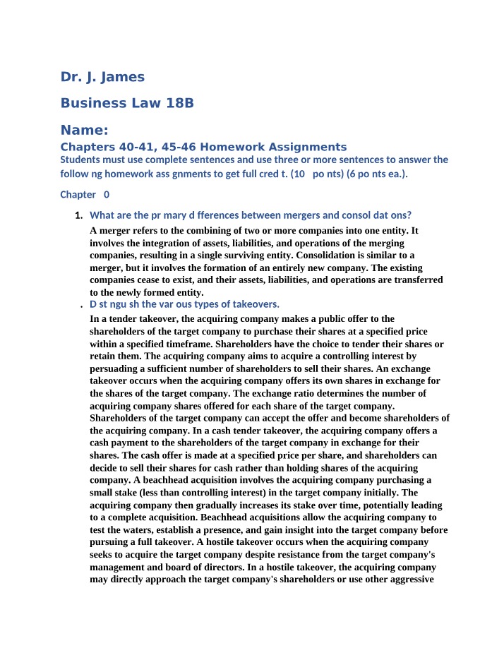 Mergers, Takeovers, and Stock Purchases - Business Law Homework