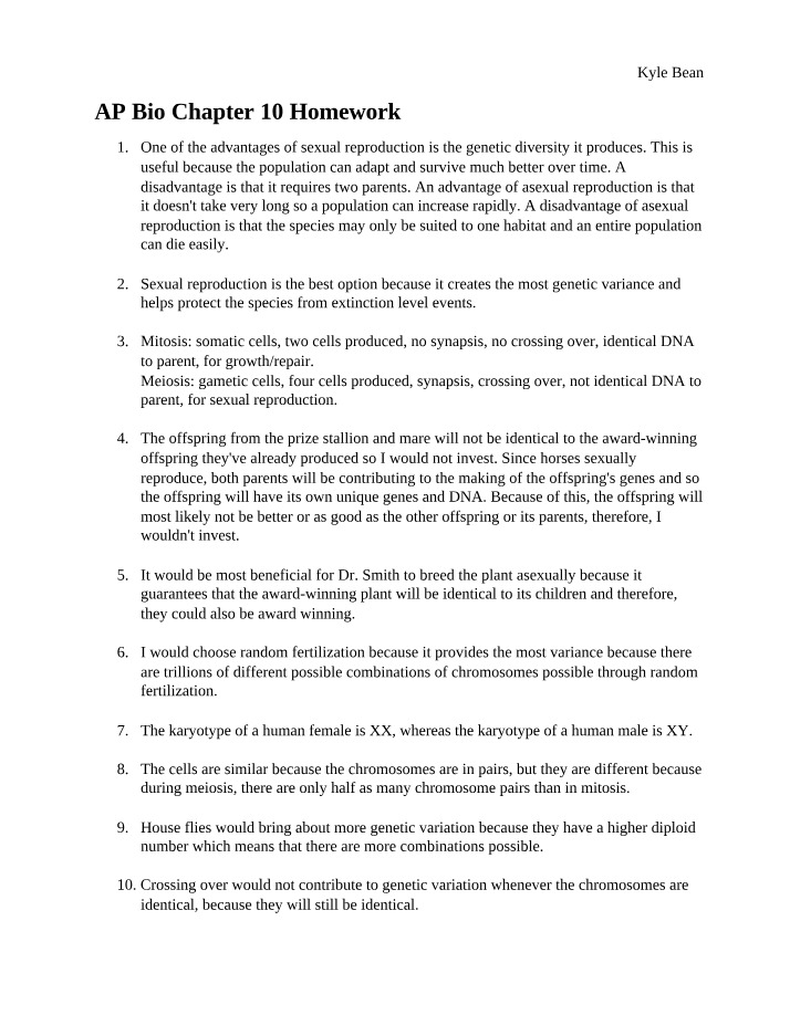Homework for AP Bio Chapter 10