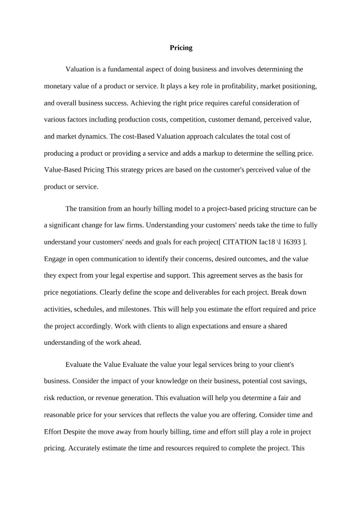Pricing and Valuation Strategy