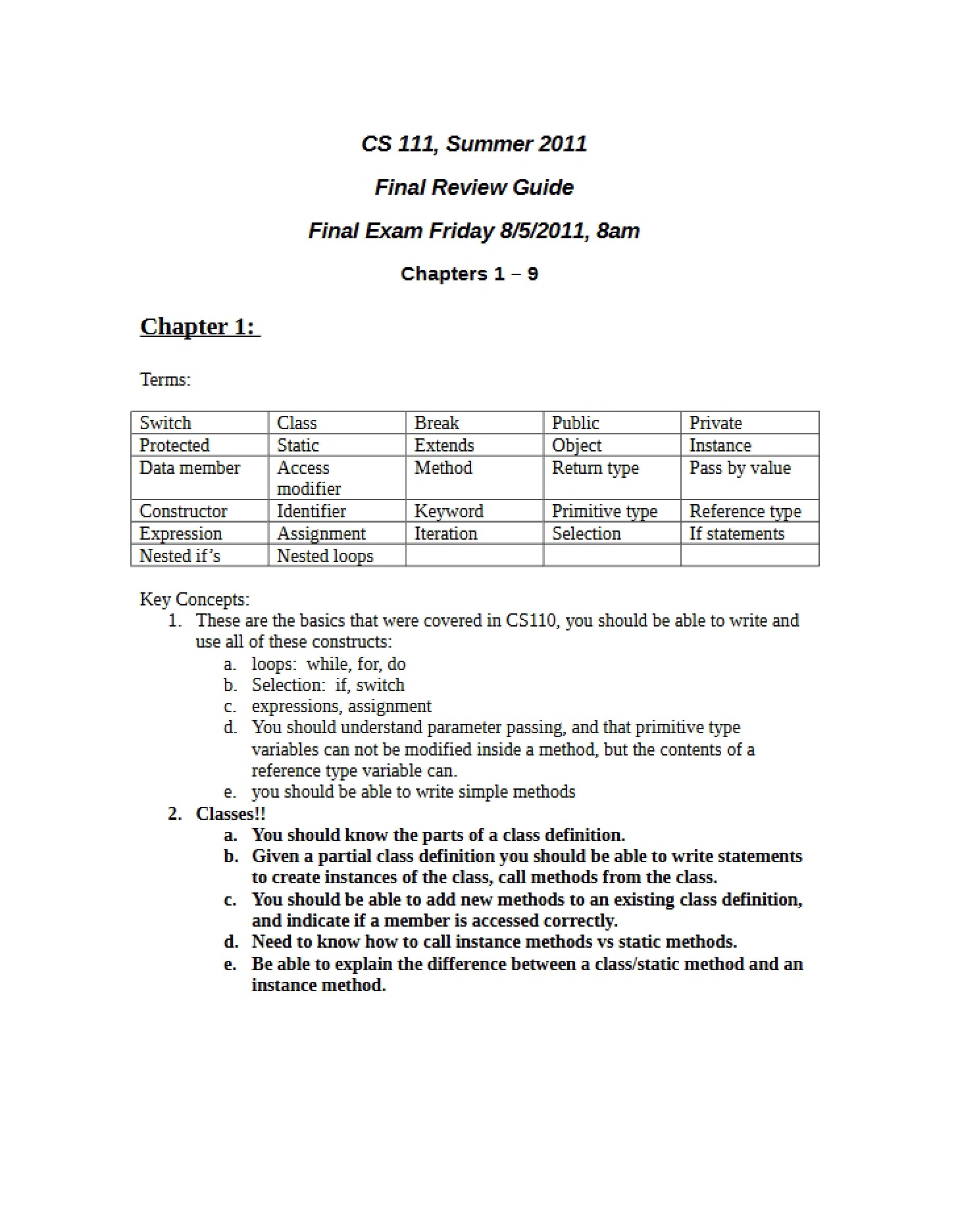 Guide for Final Review