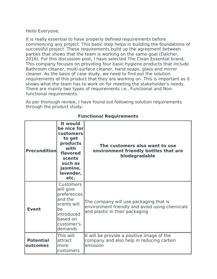 Evaluation of Solution Requirements