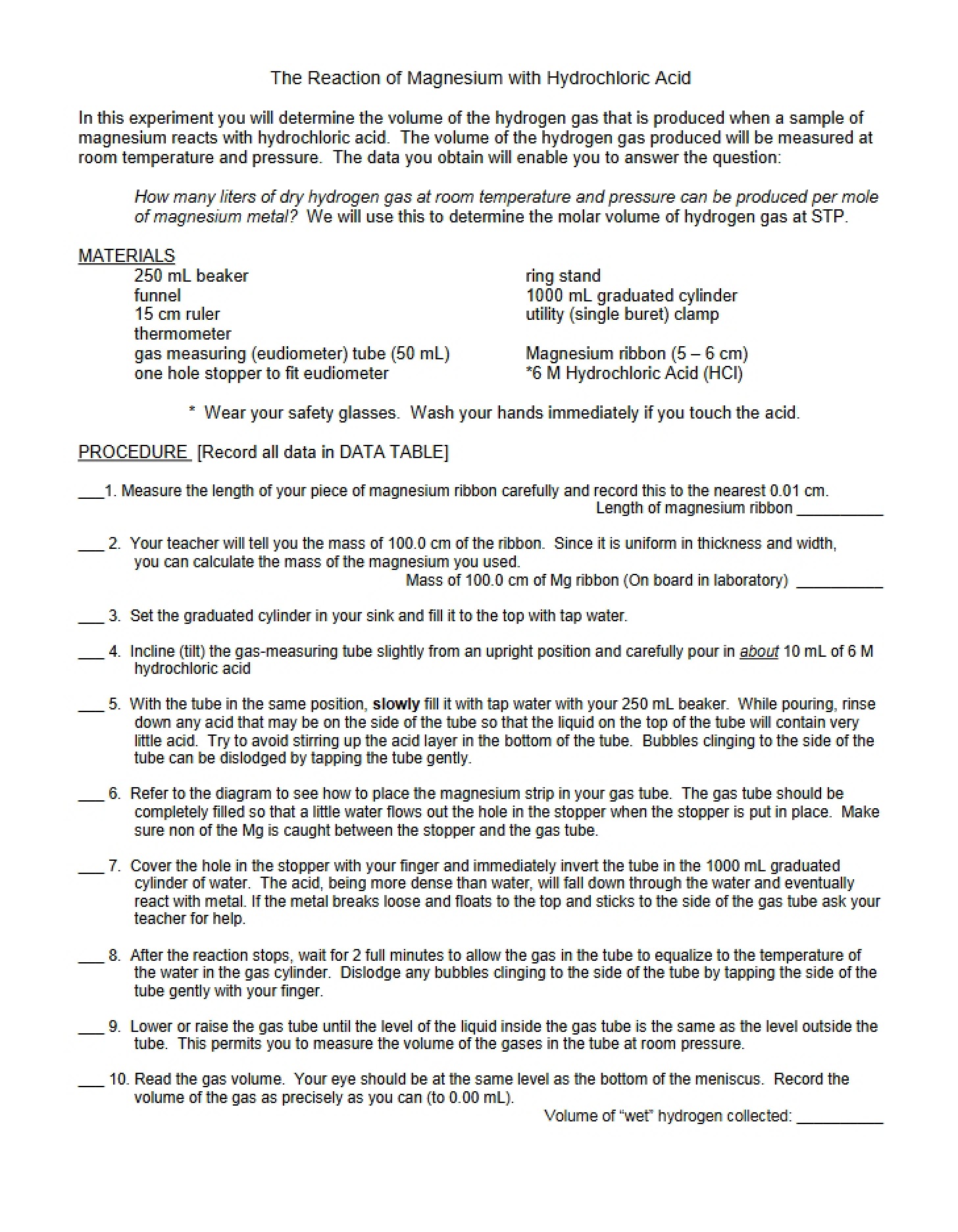 Magnesium and Hydrochloric Acid Reaction