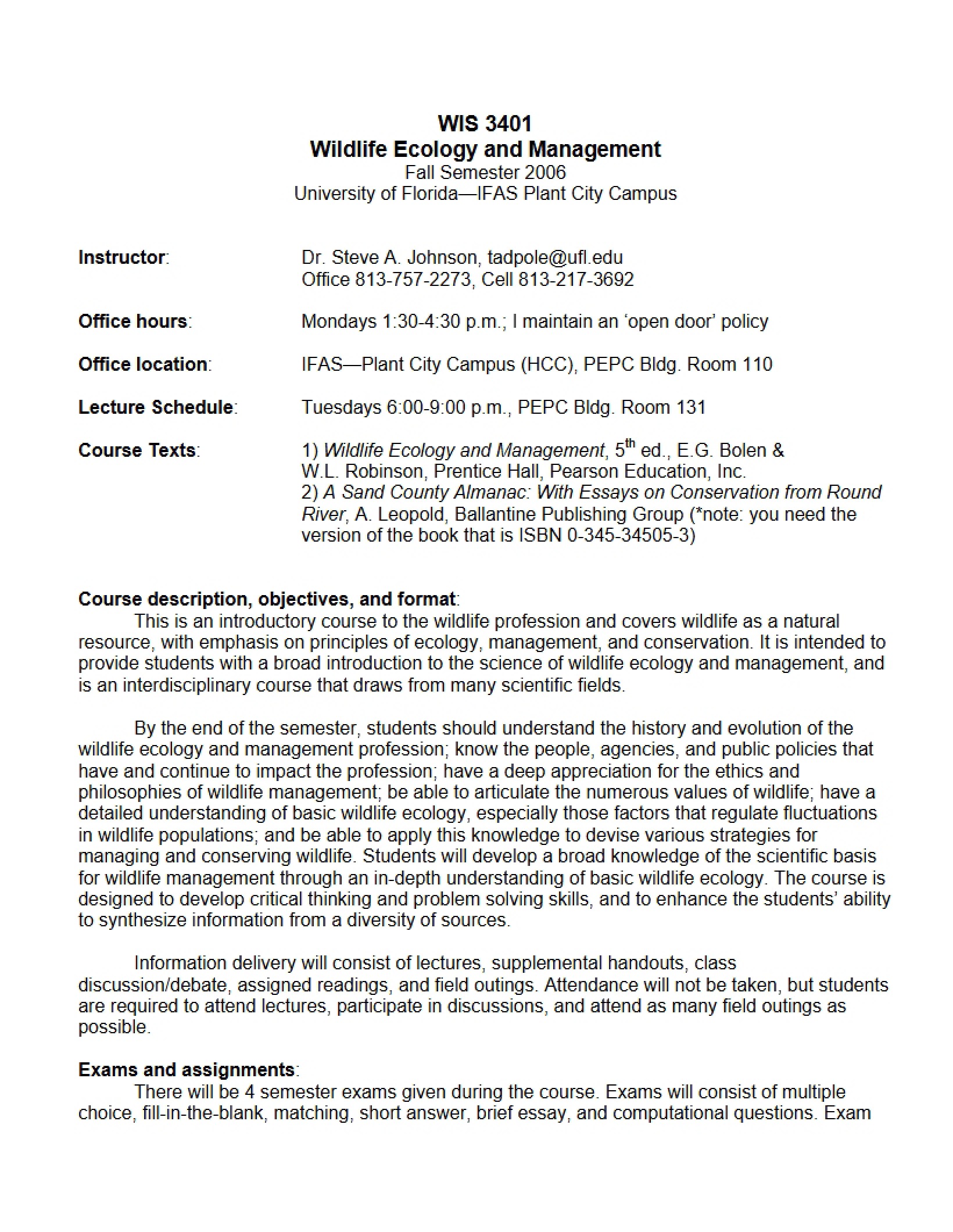 Wildlife Ecology Syllabus
