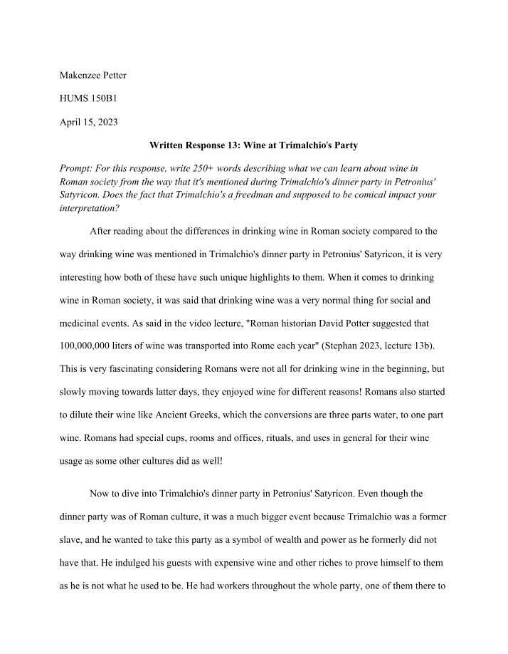 Wine at Trimalchio's Party - Written Response 13