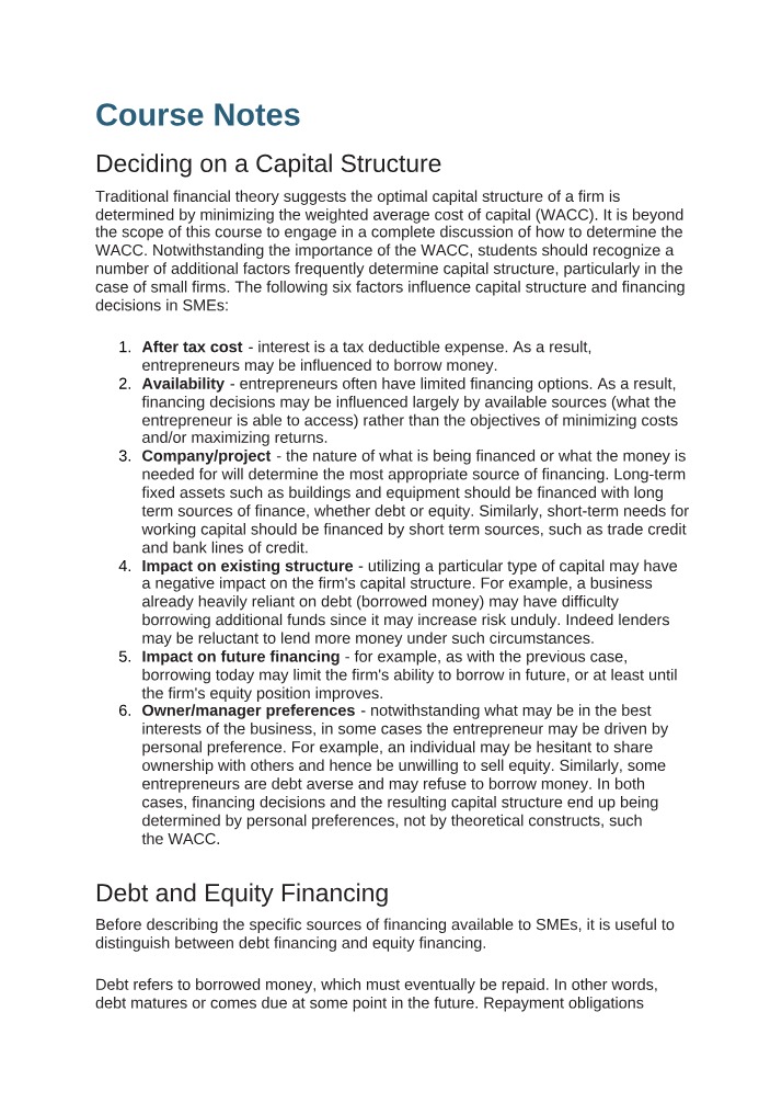 Factors Influencing Financing - Deciding on a Capital Structure
