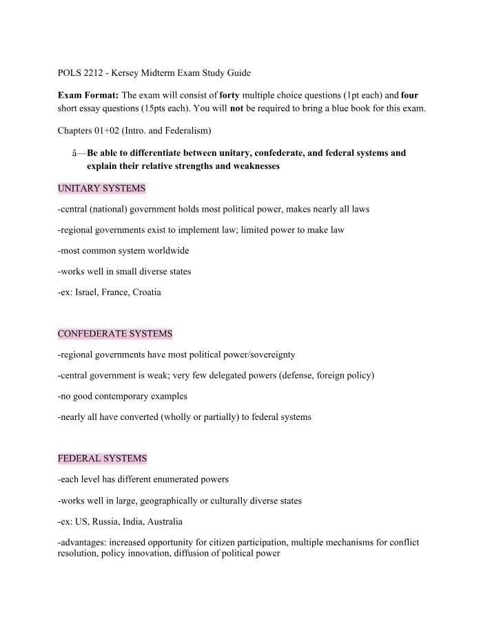 Midterm Exam Study Guide - Kersey (POLS 2212)