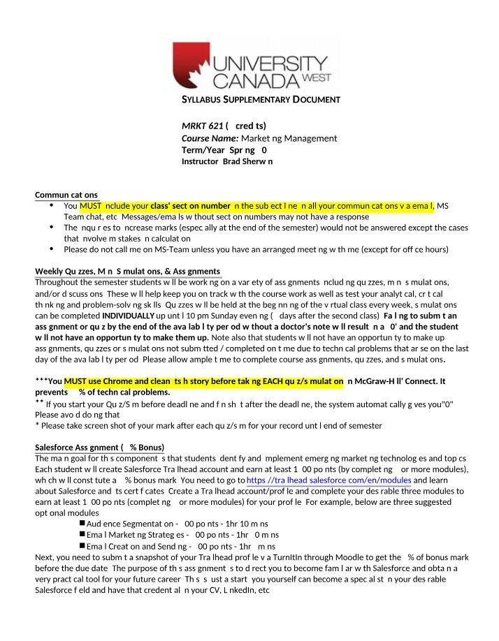 Supplementary Syllabus Document - Spring 2023