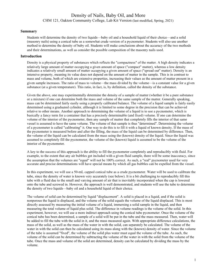 Lab Report - Density of Nails, Baby Oil, and More