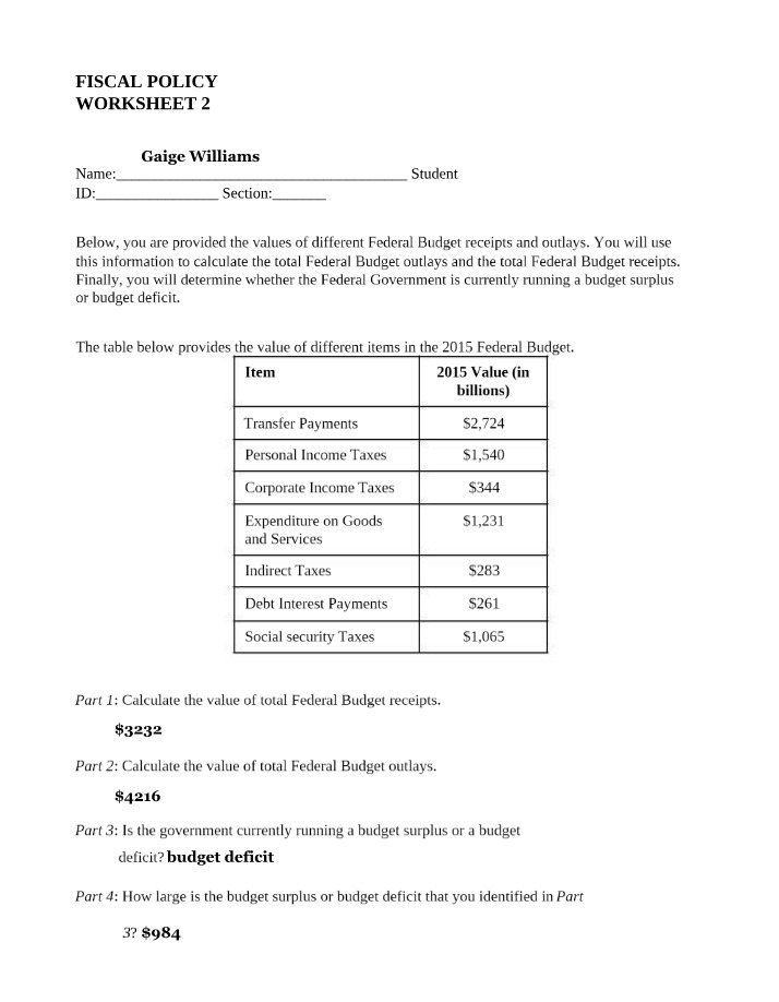 Worksheet 2 - Fiscal Policy