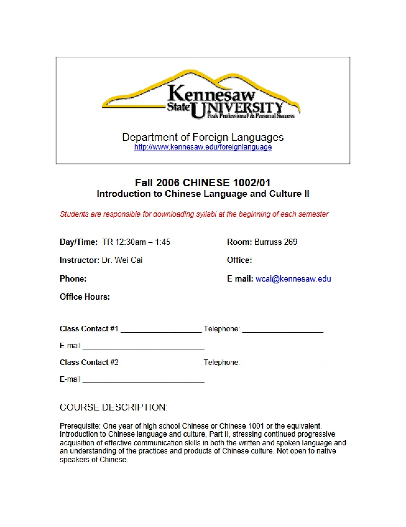 Comprehensive Syllabus for a Course on Introduction to Chinese Language and Culture II - 7 Pages