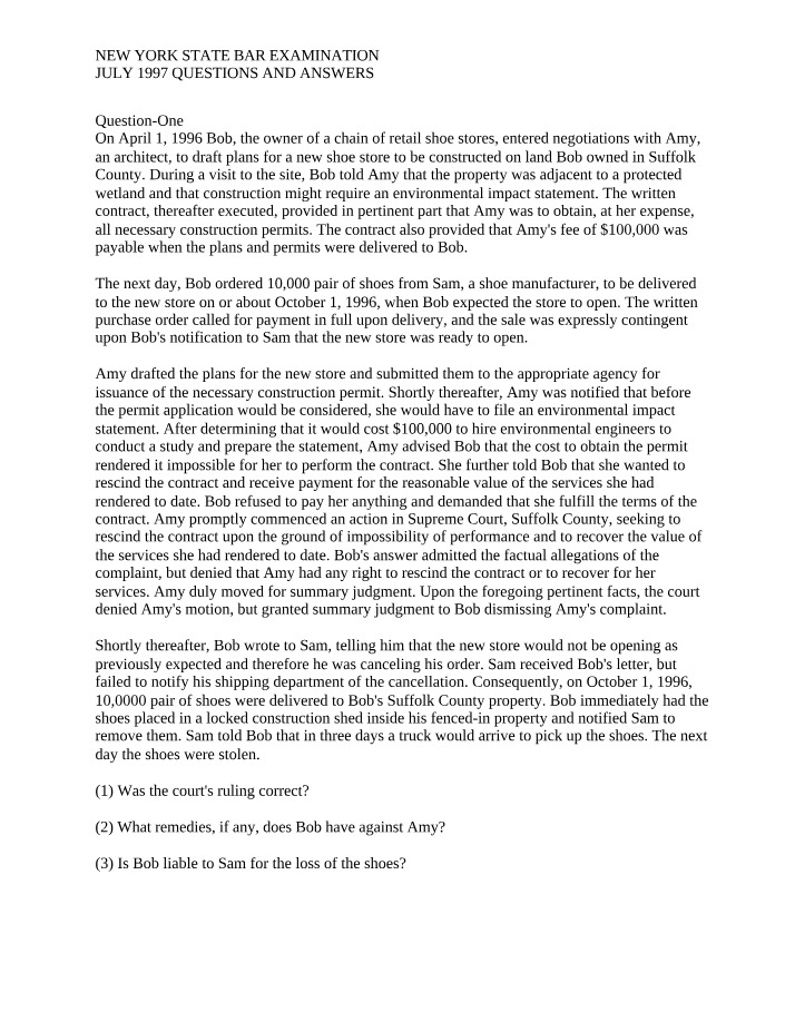 Questions & Sample Answers for the July 1997 NY Bar Exam