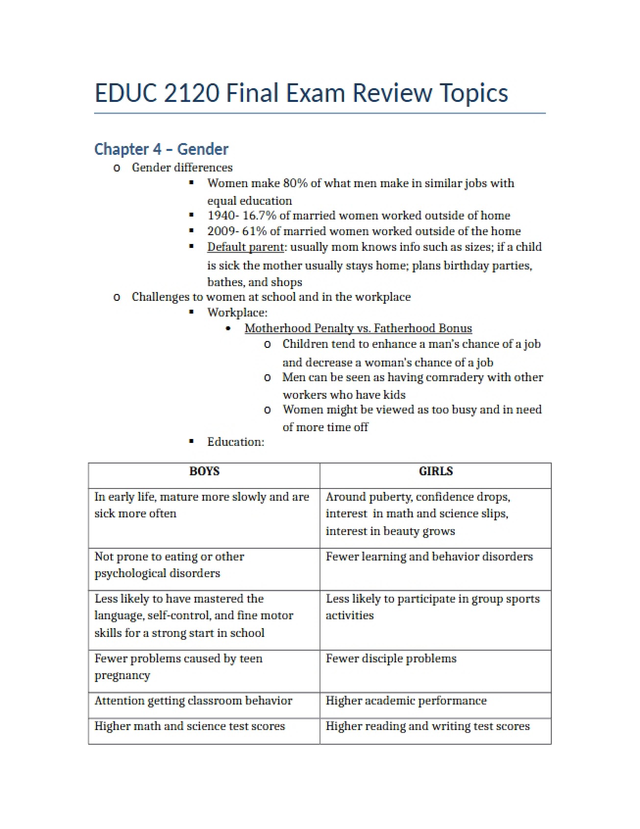 Topics for the Final Exam Review