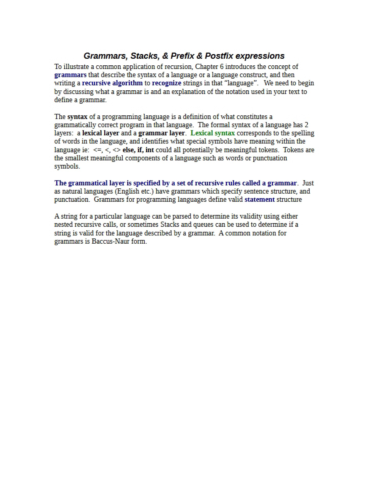 Postfix and Prefix Expressions, Stacks, and Grammars