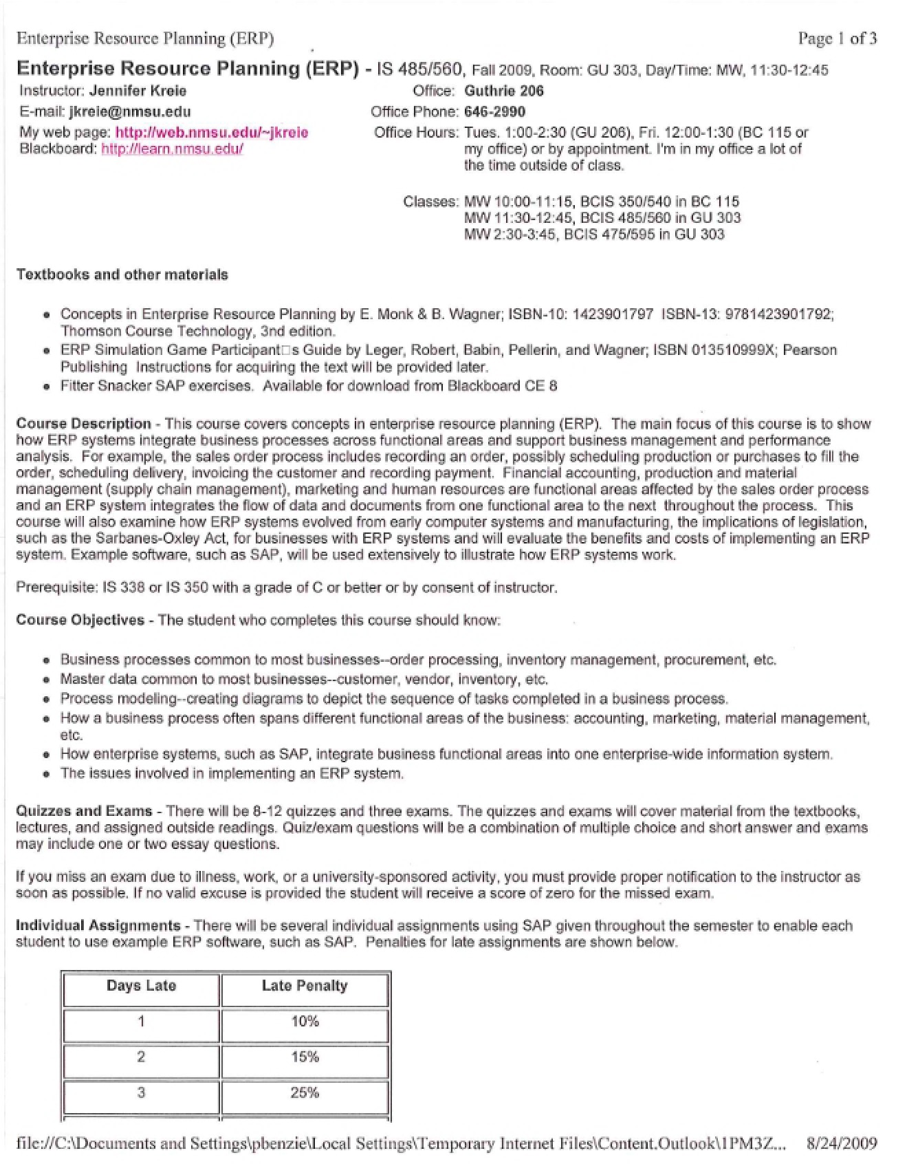 Management of Information Security Syllabus from Fall 2009 by Dr. Jennifer Kreie