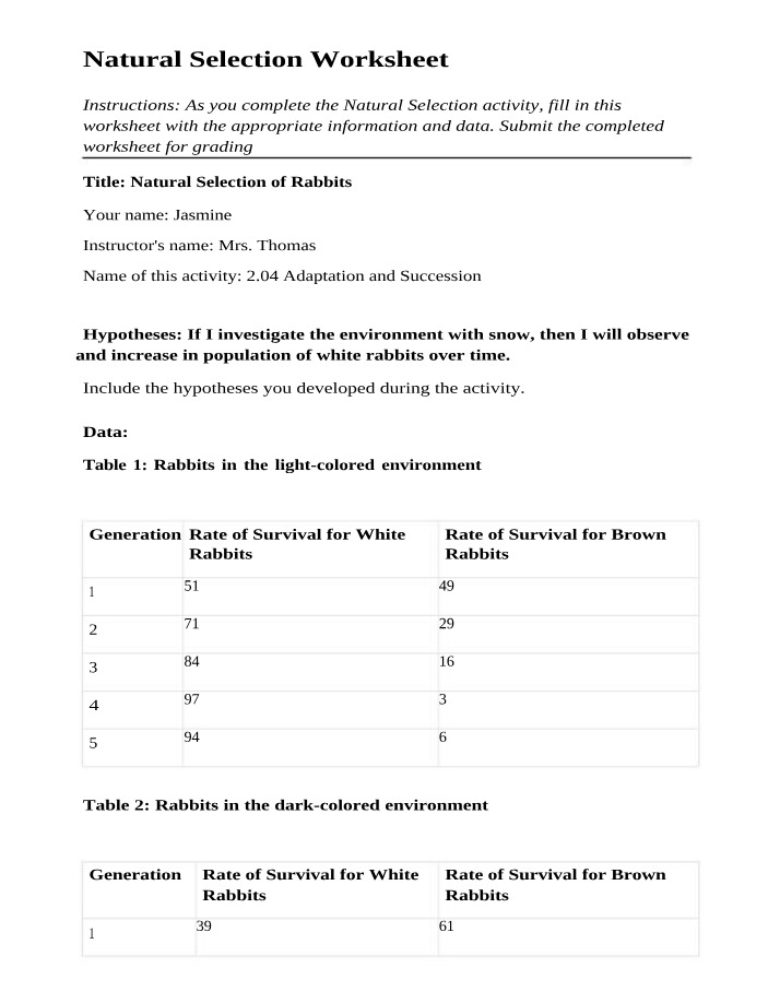 Worksheet on Natural Selection