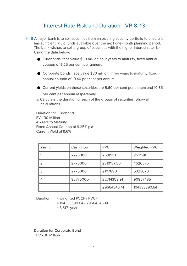 Assignments on Interest Rate Risk and Duration